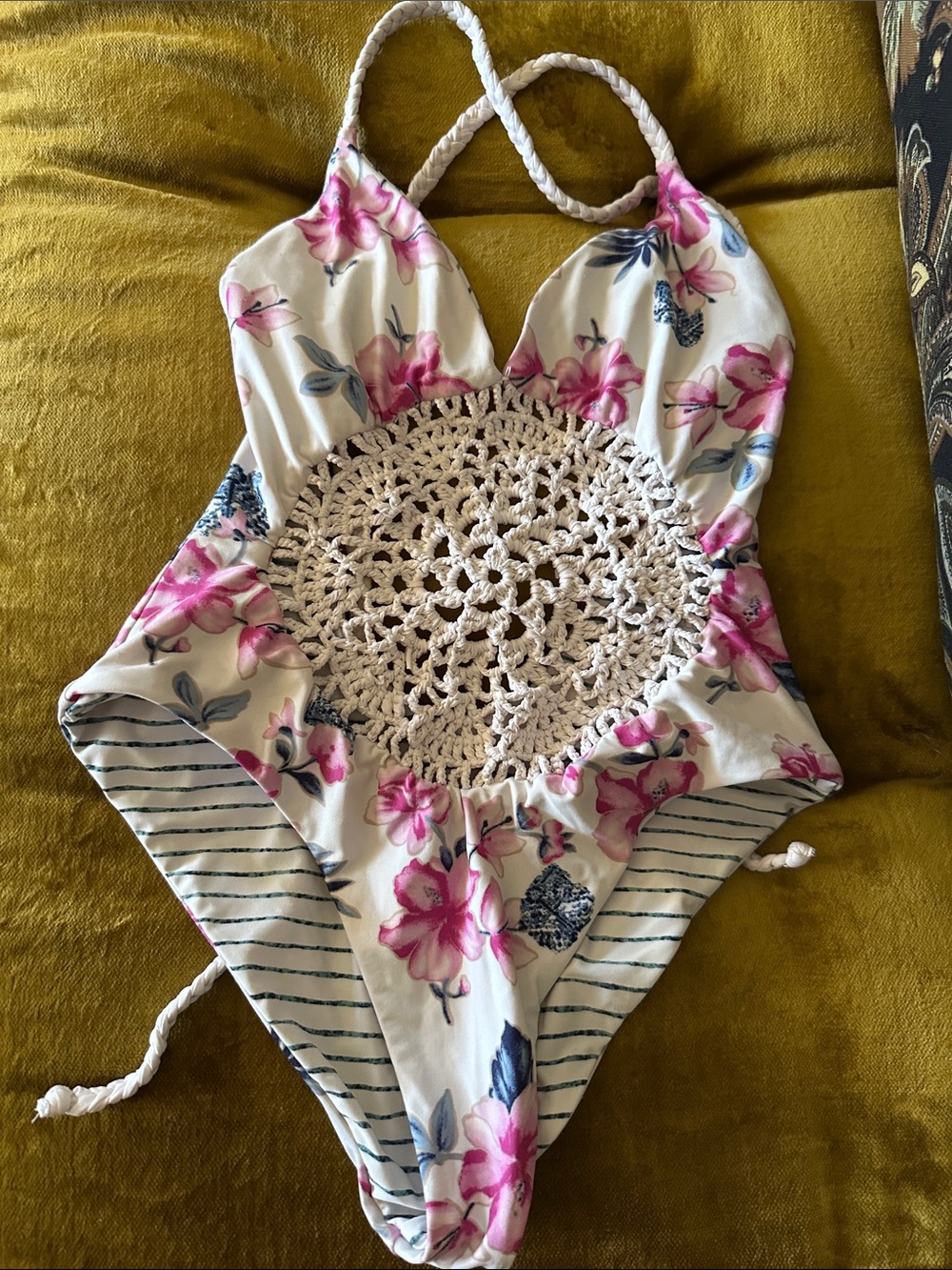 Frankie’s Reversible Striped/Floral Crochet One-Piece Swimsuit - Pink & Blue - Picture 2 of 4